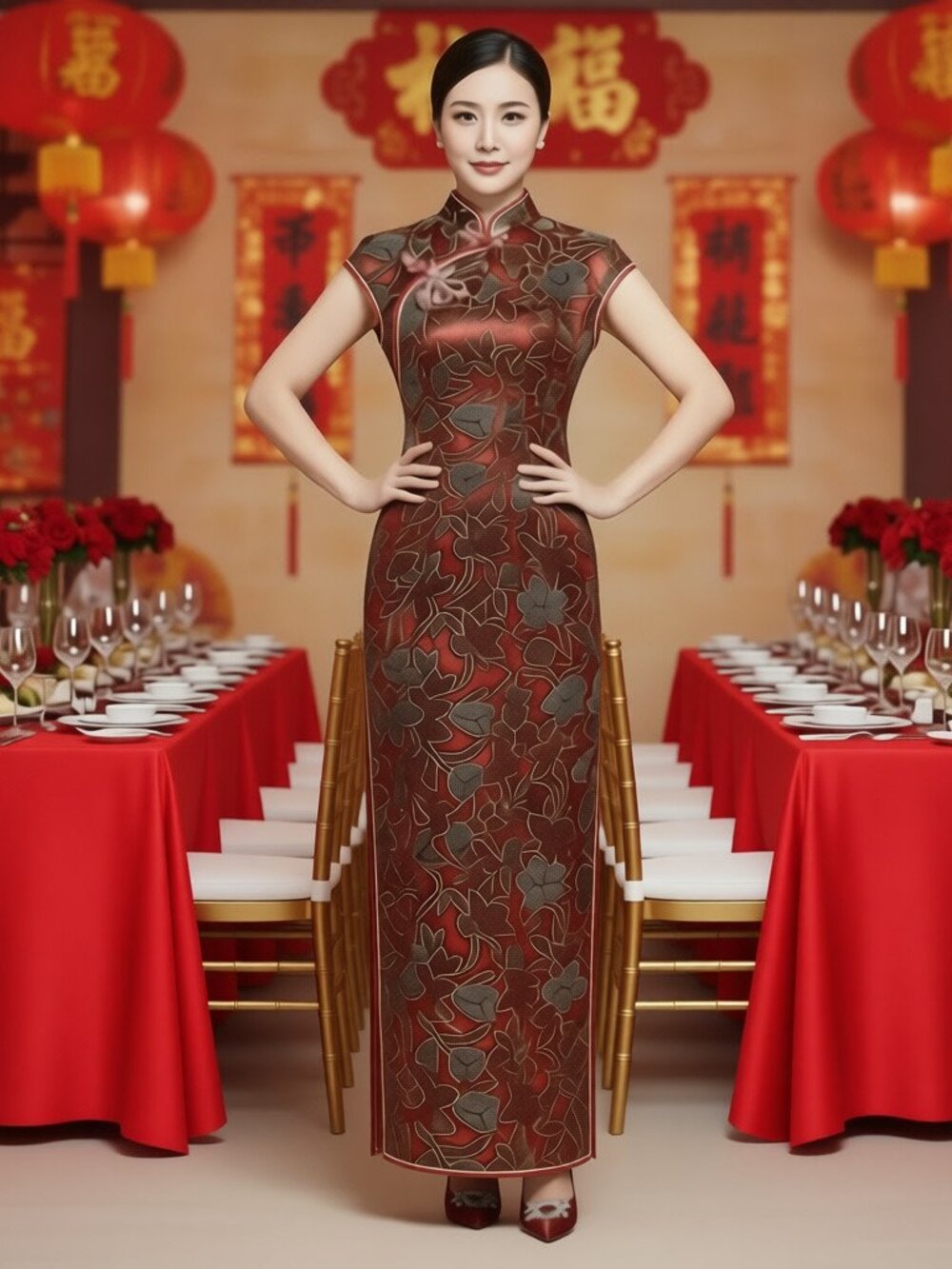 Mr. & Mrs. Formal Cheongsam Chinese Long Maxi Dress in Red/Black/Gold/Silver
